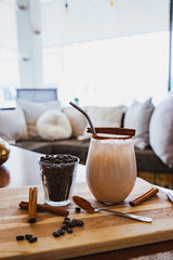 Horchata with cinnamon and coffee in a glass in Coffee Shop