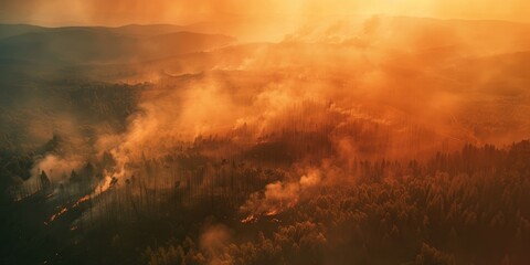 Naklejka premium Aerial view of smoke rising from a summer forest fire in the valley