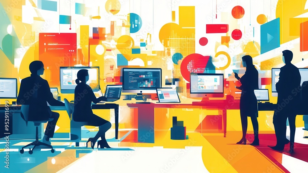 Aufkleber Teams of professionals work together at computer stations, surrounded by colorful decor in a modern office setting. Generative AI