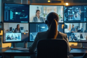 Individuals are actively collaborating in a well-equipped office, focusing on various computer screens displaying diverse content. Generative AI