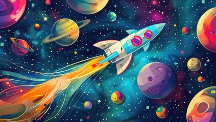 Rocket Ship Soaring Through Space