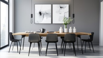 Modern Elegance: Wooden Table, Black Chairs, and Artistic Decor