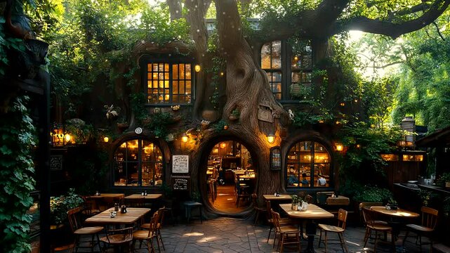Charming outdoor café under a large tree with cozy seating and warm lighting, surrounded by greenery. Seamless looping 4k time-lapse animation video background