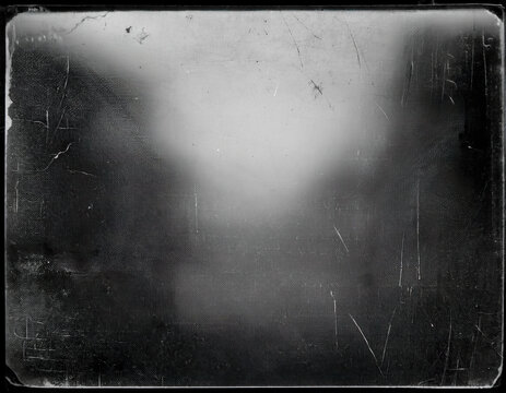 Distressed texture overlay featuring a blurred landscape with a foggy background and scratched surface for artistic presentation