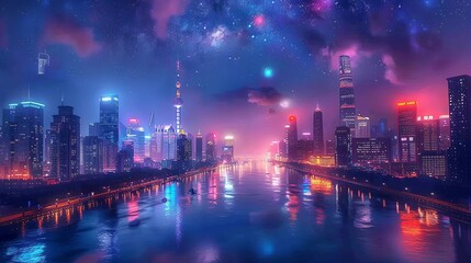 Fototapeta premium Vibrant Night City Skyline with Galaxy