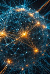 Fototapeta premium abstract network of blue and golden lines and dots forming a glowing sphere