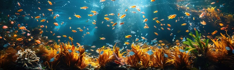 Many fish swimming in the water near some plants, travel concept, banner, copy space