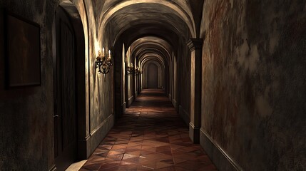 Fototapeta premium A Long, Dark, Arched Hallway With Sconces and a Tile Floor