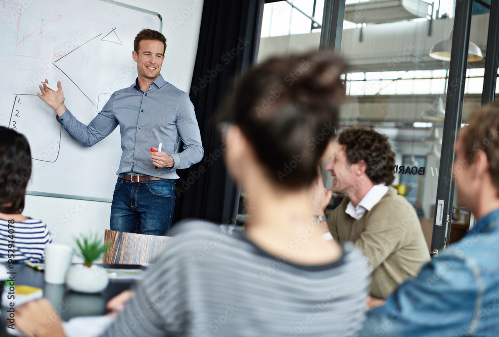 Aufkleber happy businessman, presentation and meeting with whiteboard or team for planning or brainstorming at