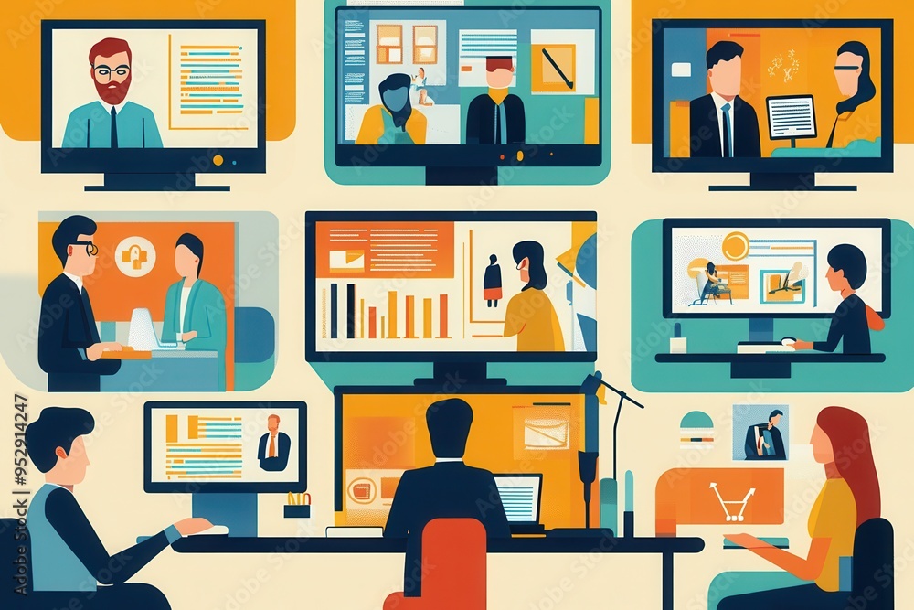 Poster a diverse group of people engage in collaboration in a modern workspace, each focused on different o