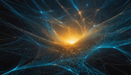 Abstract swirling blue and orange patterns with a bright yellow center