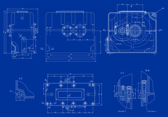 Assembly drawing of reducer.
Vector drawing of steel mechanical device with shaft, gear, 
electric engine, bearing, bolted connection and dimension lines.
Engineering cad scheme. Technical template. 