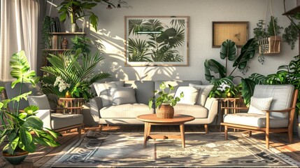 Cozy Scandinavian Living Room: Grey Sofa, Lush Plants, and Rustic Charm