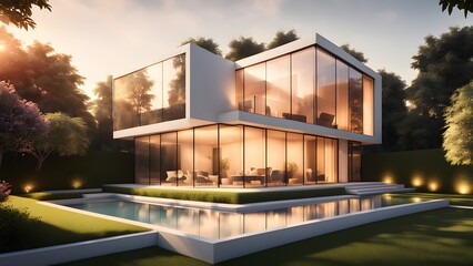 Obraz premium A large, modern house with a pool and a large glass window