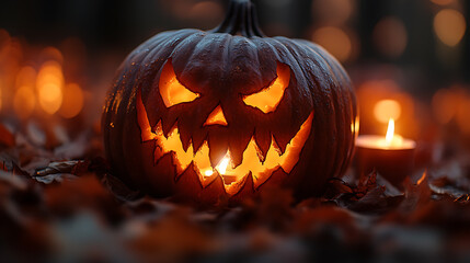 A pumpkin with a scary face is lit up with candles