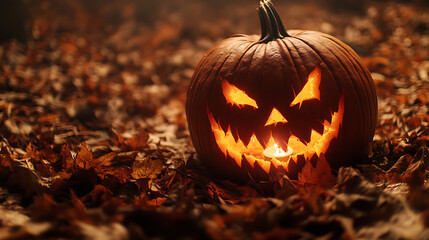 A pumpkin with a scary face is sitting on the ground