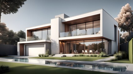 Fototapeta premium A large white house with a pool and a glass wall