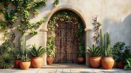Rustic Wooden Doorway with Plants and Terracotta Pots