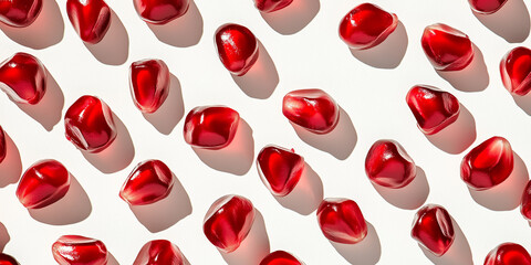 pomegranate seeds, each with a soft shadow, randomly placed on a textured white background