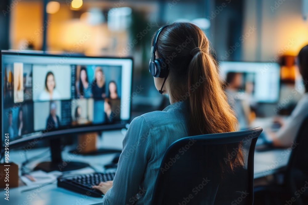 Fototapete a group of people participate in online meetings at their desks, utilizing multiple computer screens