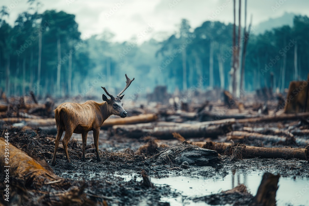 Aufkleber a deer stands alone in a barren landscape, surrounded by fallen trees and signs of deforestation, em