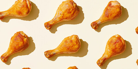 roasted turkey drumsticks, each with a subtle shadow, arranged randomly on a light beige background