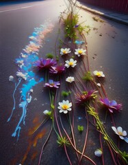 flowers on pavement, abstract, pop-art