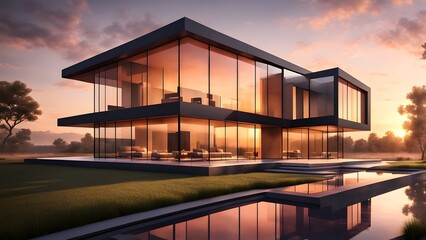 Fototapeta premium A large, modern house with a large pool and a large glass window