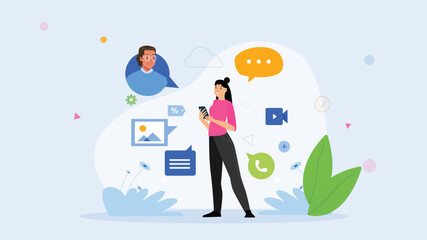 Flat vector illustration of a woman texting on her smartphone surrounded by digital icons representing communication and social media, symbolizing online interaction and connectivity.

