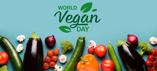 Text WORLD VEGAN DAY, fruits and vegetables on light blue background