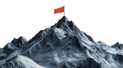 Mountain summit with a flag on top isolated on white created with Generative AI