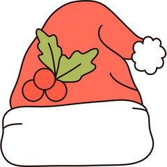 Groovy retro christmas santa hat with holly berries clipart Trendy hippie cartoon doodle drawing art illustration