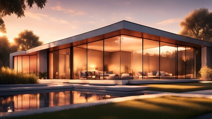 Obraz premium A large house with a pool and a large glass window