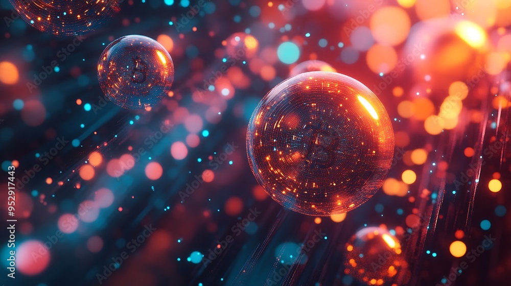 Aufkleber glowing bitcoin symbol in a sphere with bokeh lights