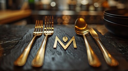 Golden cutlery set with an M on a black slate placemat.