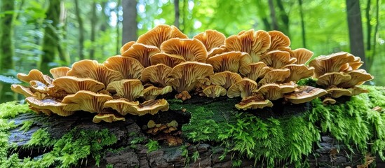 Mushrooms growing on a log in a forest