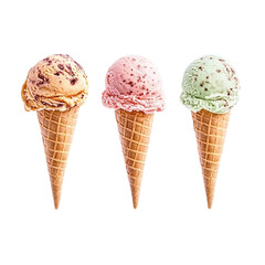 ice cream cone with different flavors and colors isolated on a white background, png transparent