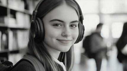 Headphones, Female Teenager, Indoors, Bookshelf, Blurred Background