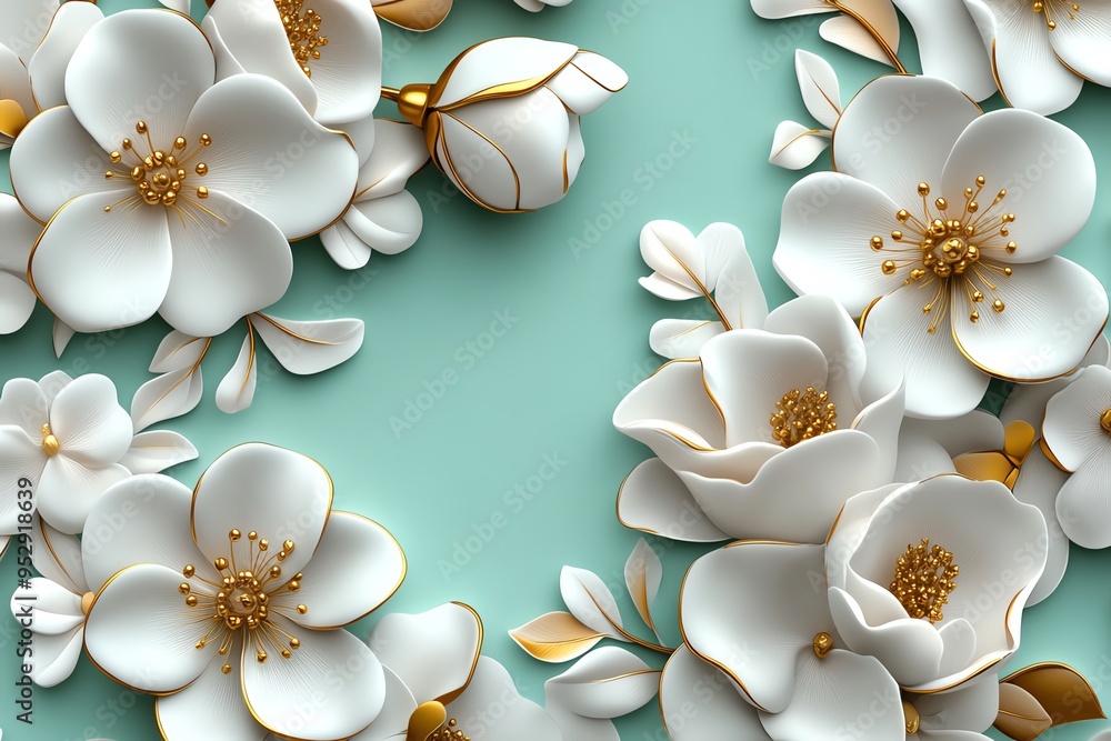 Poster Mint color floral patterns with soft and subtle details, depicted in an artwork where floral patterns in mint and pastel tones are delicately detailed, adding a touch of nature and elegance