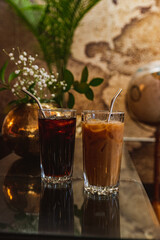 Coffee, Cortado, Latte with Latte art in Cozy Coffee Shop with Plants and Flowers