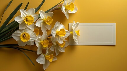 Beautiful white narcissus flowers with blank card on color background