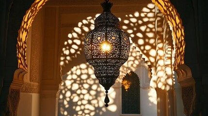 Ornate Metal Lantern Casting Shadows in a Moroccan Interior