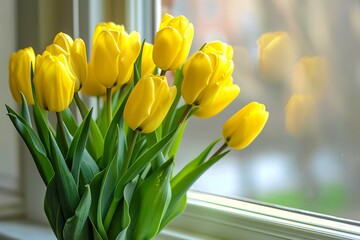 Bouquet of beautiful yellow tulip flowers on windowsill