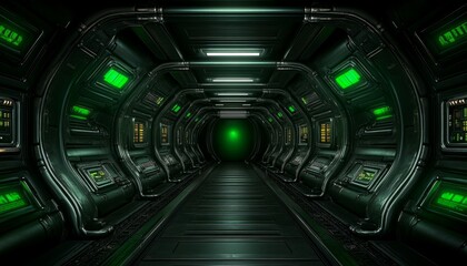 Naklejka premium Futuristic Green-Lit Spaceship Corridor with Illuminated Panels