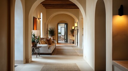 Arched Hallway with White Couch and Wooden Beams
