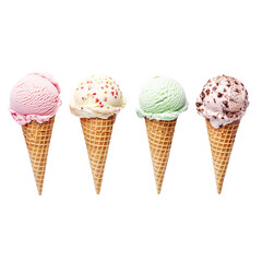 ice cream cone with different flavors and colors isolated on a white background, png transparent