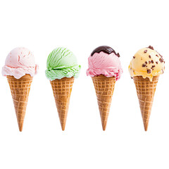 ice cream cone with different flavors and colors isolated on a white background, png transparent
