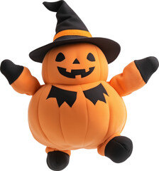 A cheerful pumpkin plush toy wearing a witch hat with bat decorations perfect for Halloween decorations isolated on transparent background.