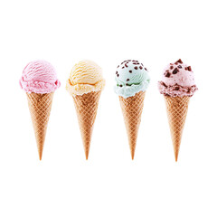 ice cream cone with different flavors and colors isolated on a white background, png transparent