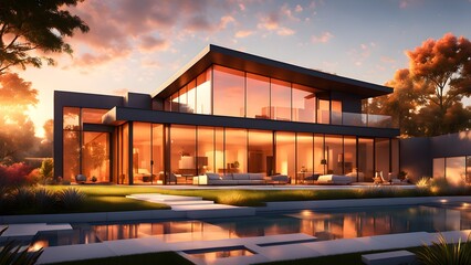 Obraz premium A large house with a pool and a large glass window